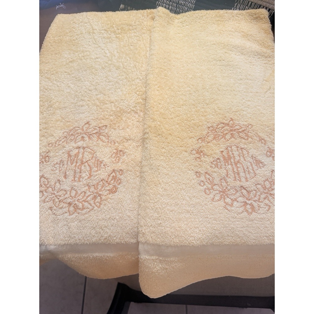 Vintage Wedding Set Mr. And Mrs. Embroider Yellow Bath Towels by Martex MCM